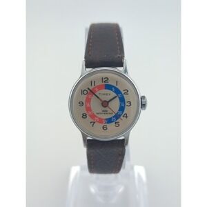 Vtg Timex Time Teaching Mechanical Wind Up Watch Red Blue Dial 25mm Case WORKING